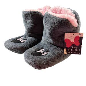 Disney Minnie Mouse Gray Plush Bootie Slippers Girls Pink Lining Size 36 (12/13)